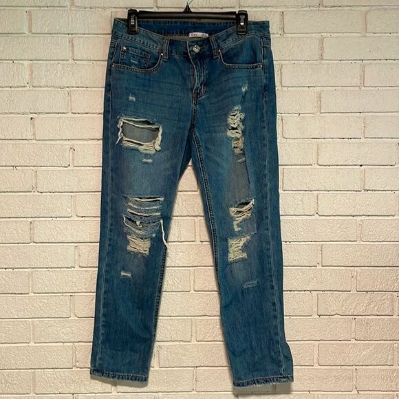 Dex Denim - Dex- Destroyed/ Distressed Straight Leg Low-Rise Medium Wash Jeans- Size 27